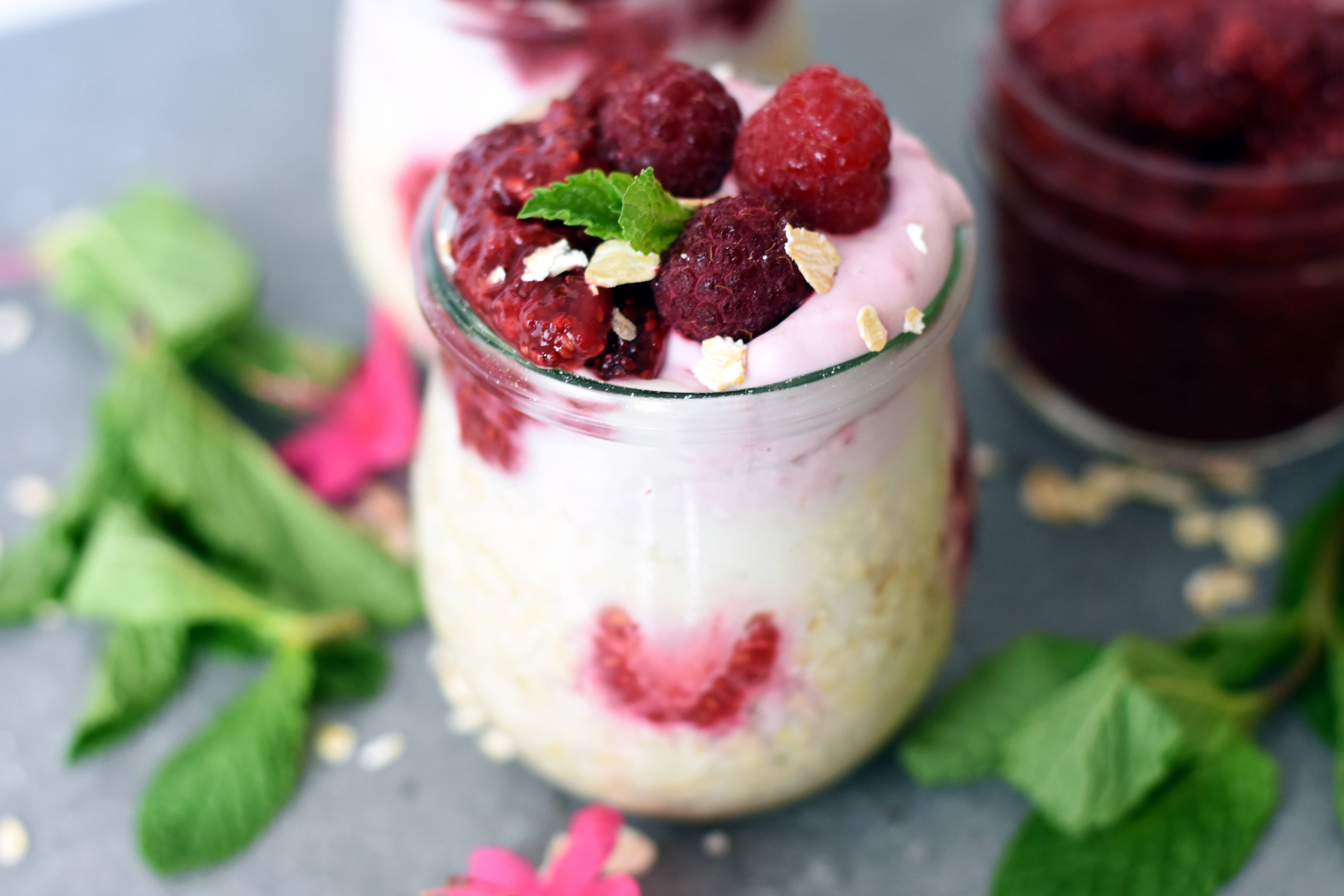 Raspberry Cream overnight oats with chia jam