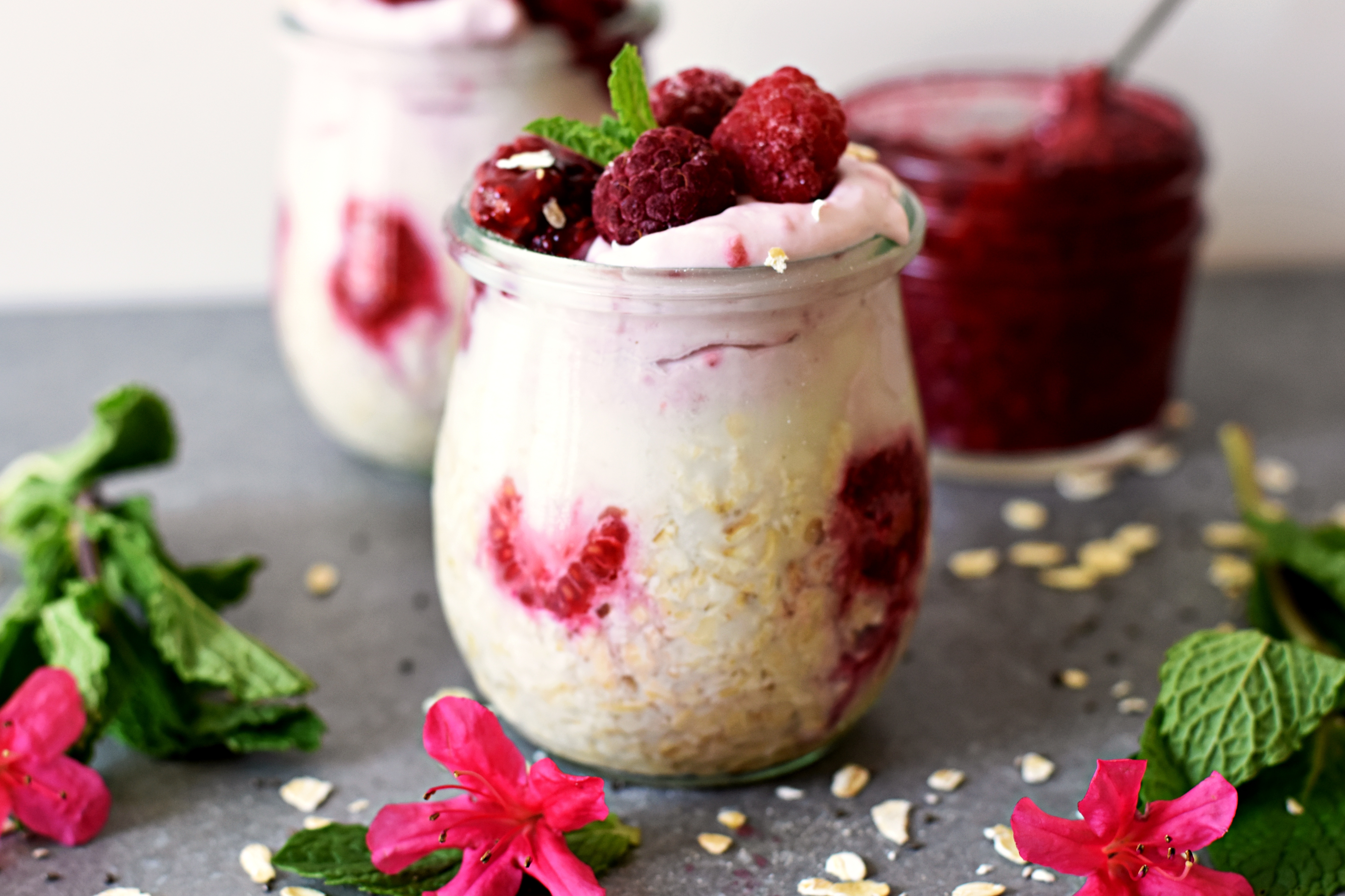 Raspberry Cream overnight oats with chia jam