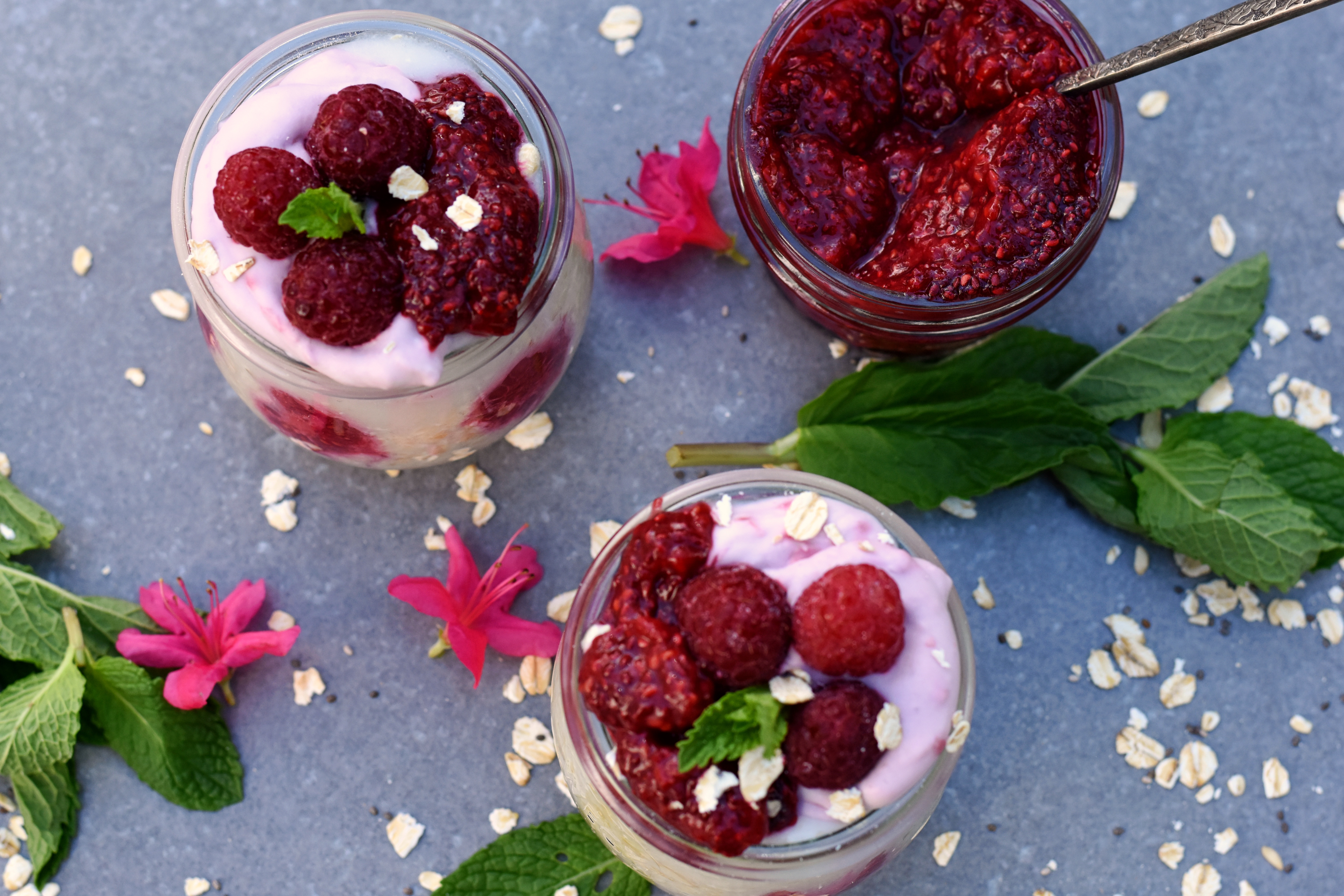 Raspberry Cream overnight oats with chia jam