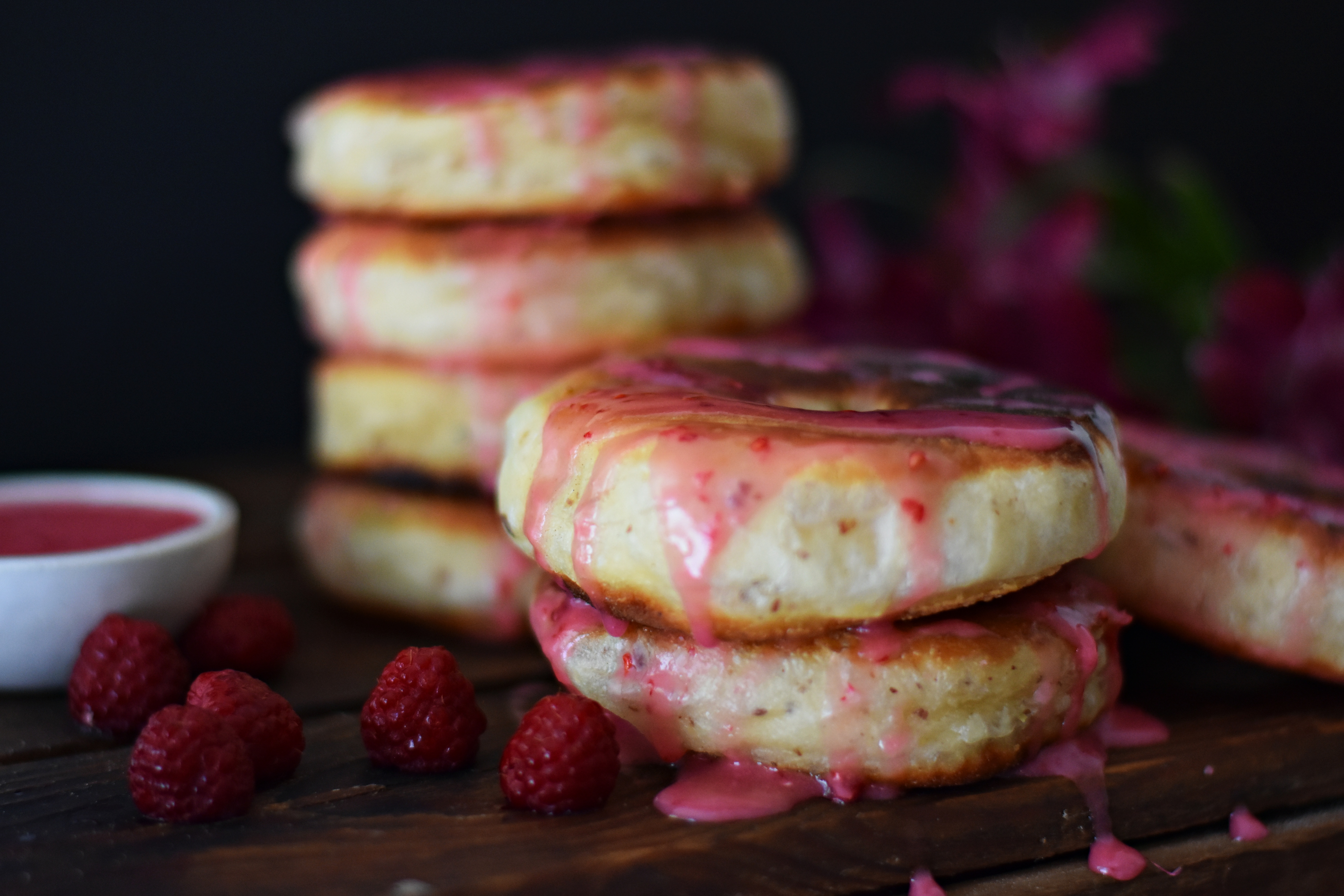 Vanilla donuts with raspberry glaze