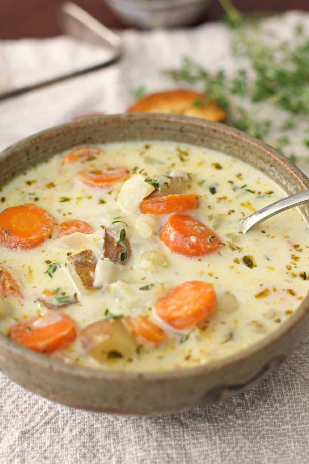 Creamy Potato Soup- Veggies, Garlic, And Fresh Herbs -elkeliving.com