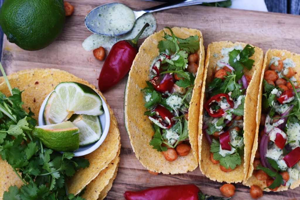 Spicy Lime Chickpea Tacos with Cilantro & Lime Crema - Elke Living