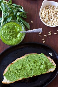 Making pesto toast