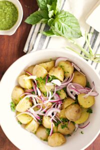 making pesto potato salad